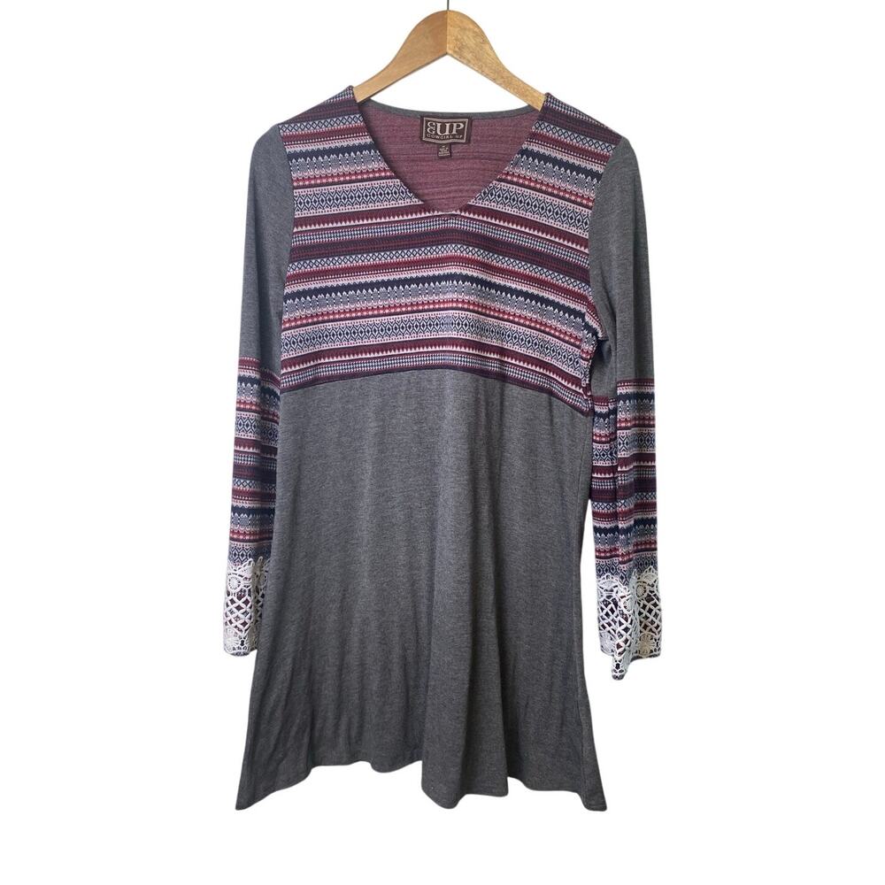 Cowgirl Up Gray Burgundy Striped Bodice Western Sweater Mini Dress Size Medium